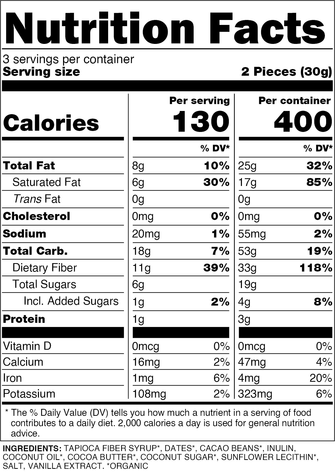 Nutrition facts for Chocolate Covered Date Caramels - 6pk