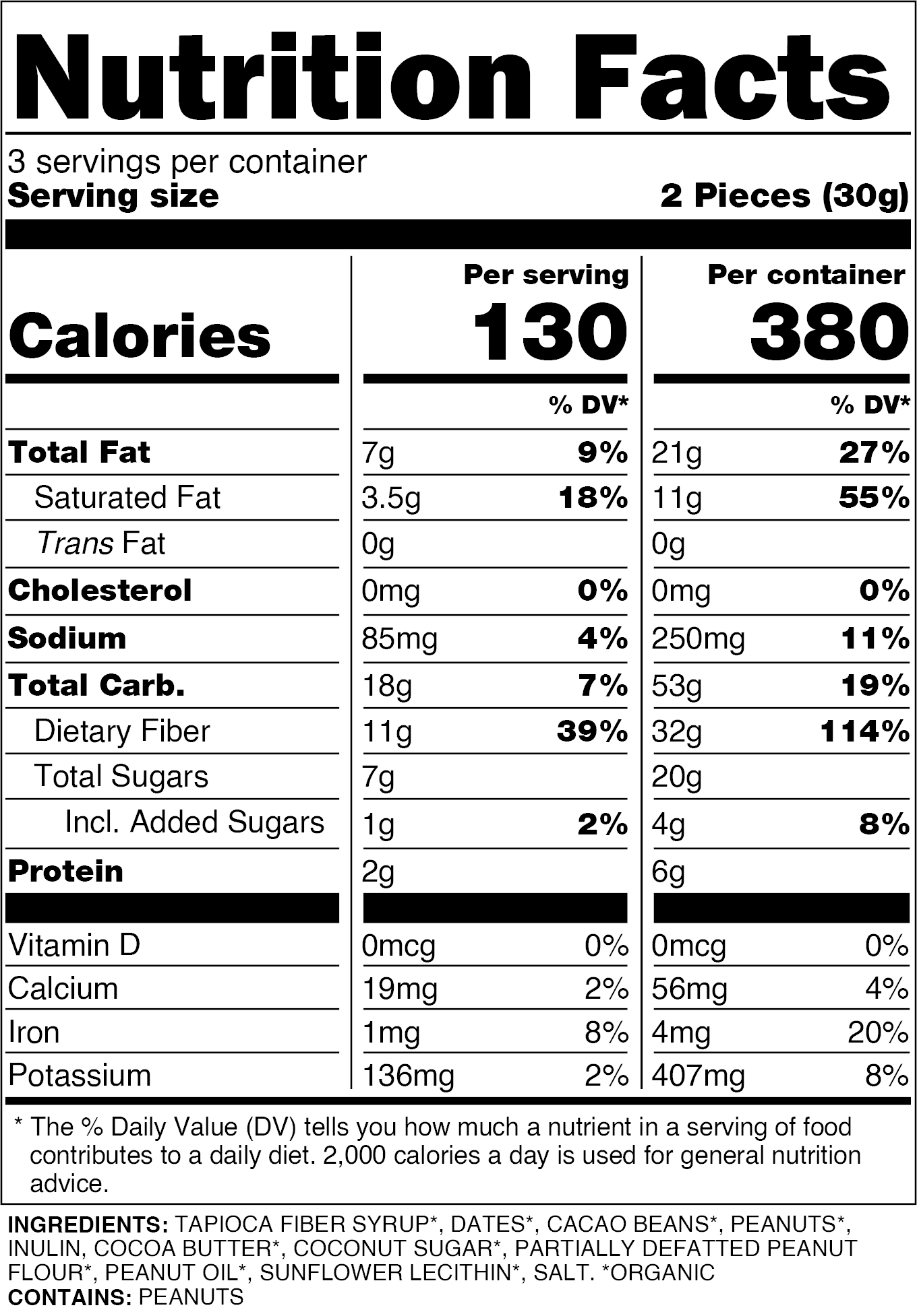 Nutrition facts for Peanut Butter Chocolate Covered Date Caramels - 6pk