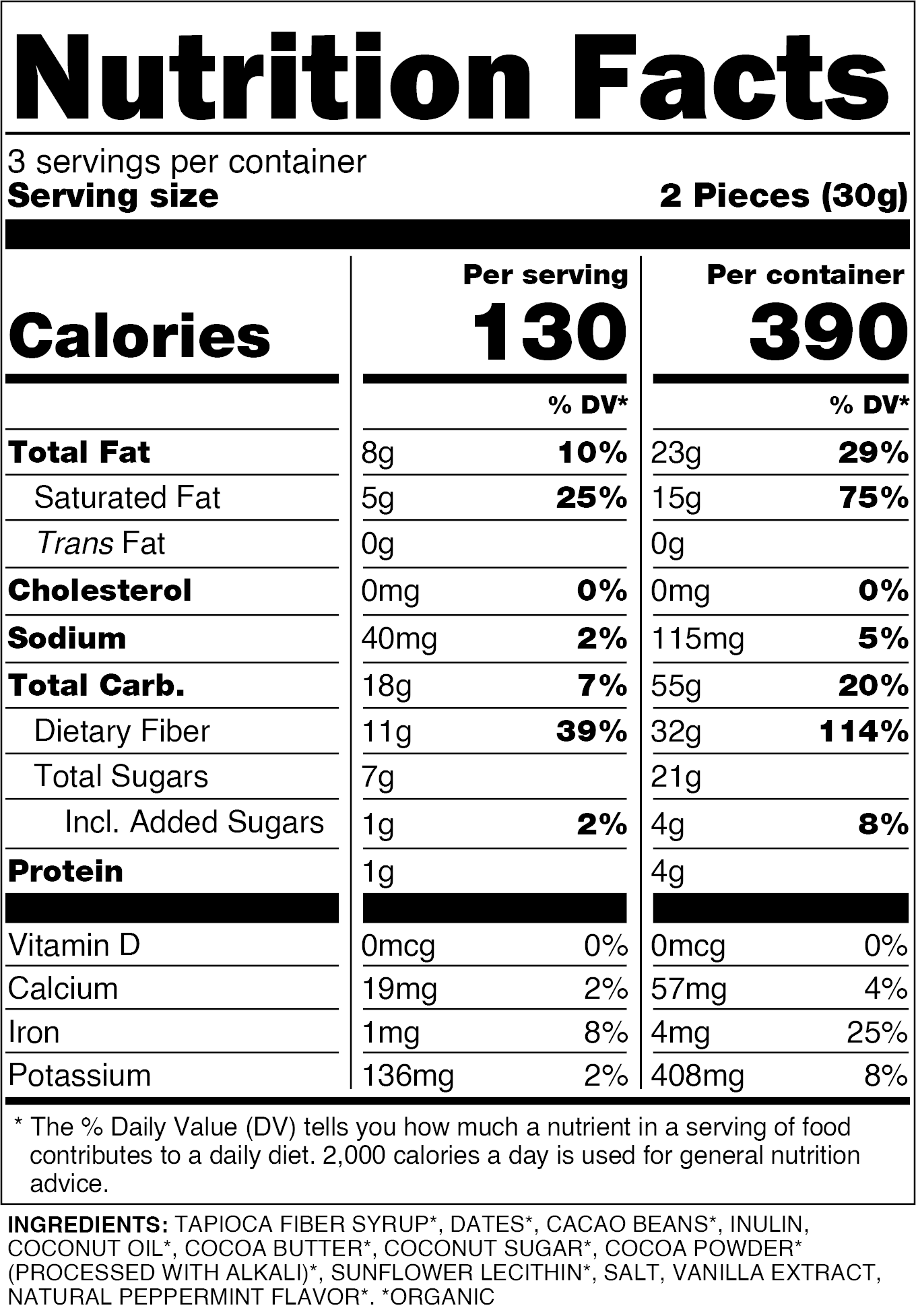 Nutrition facts for Peppermint Chocolate Covered Date Caramels - 6pk